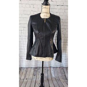 DKNY Black Collarless Faux Leather Jacket/NWOT, Size OP